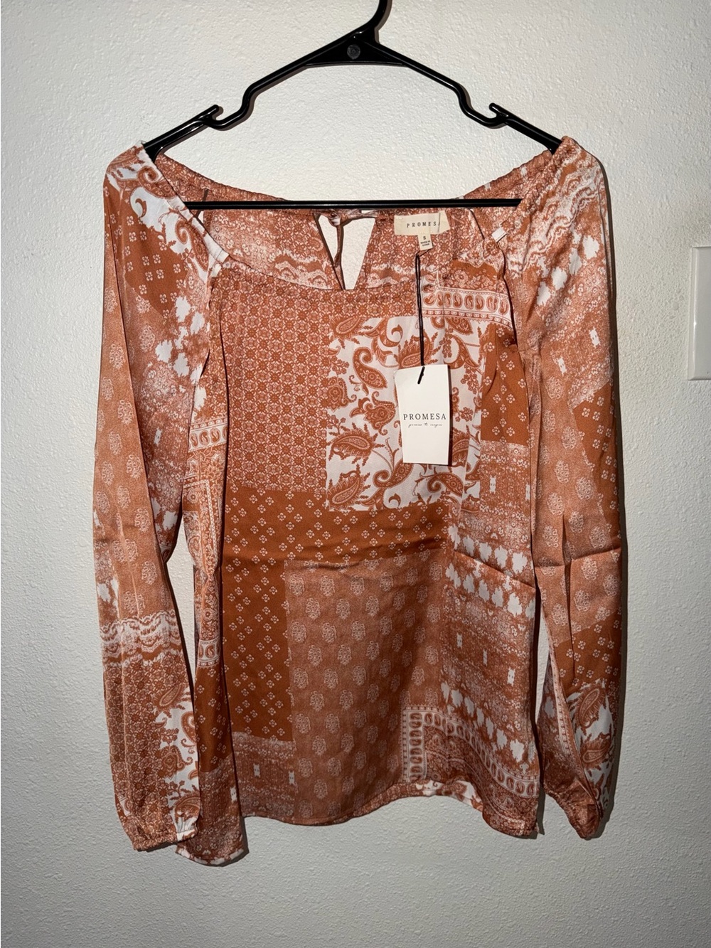 Promesa Small Rust Patchwork Square Neck Long Sleeve Blouse NWT